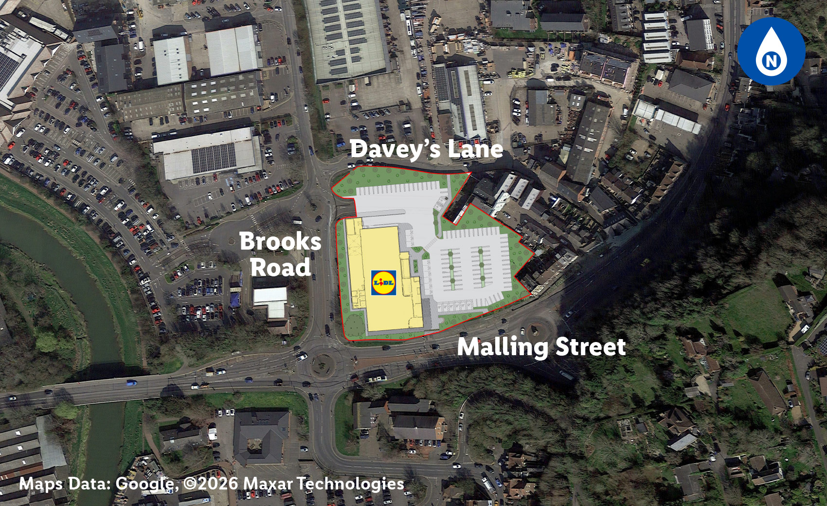 aerial photograph of the site with the proposed site plan