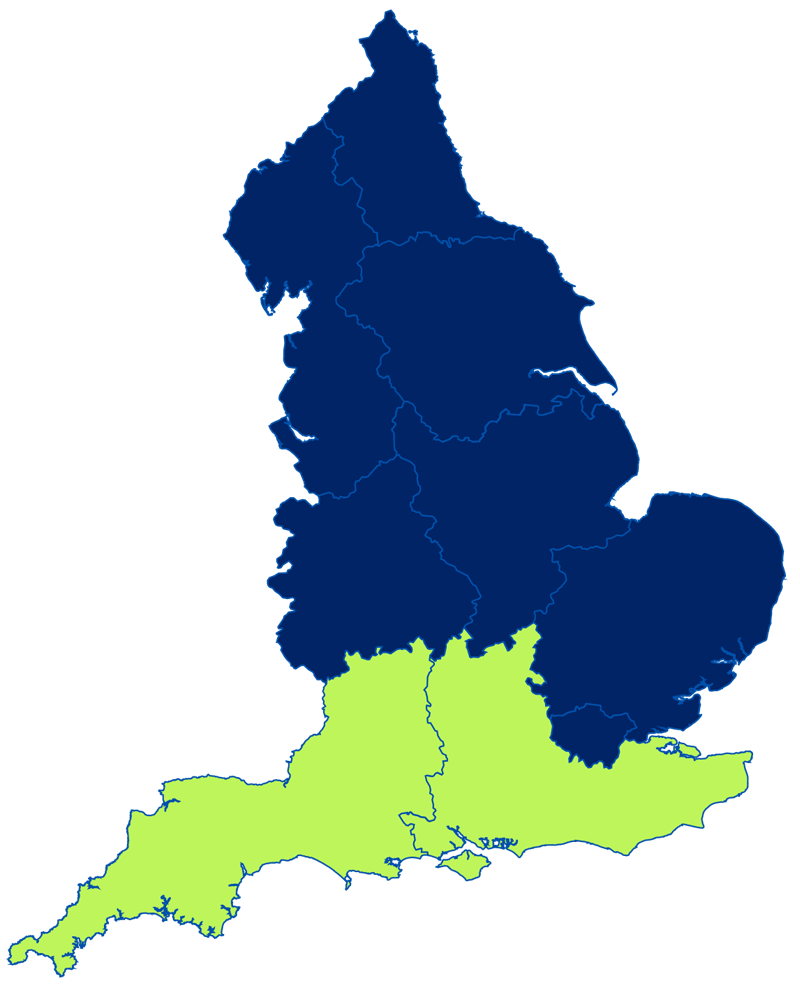 map of England with the south highlighted